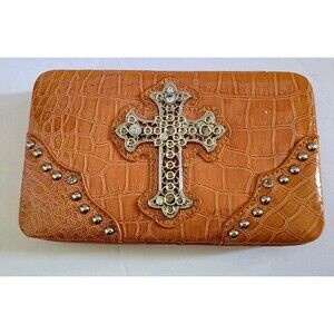 Hananel Wallet Clutch Rhinestone Cross Tan Croc Print Check Book Cover Snap New